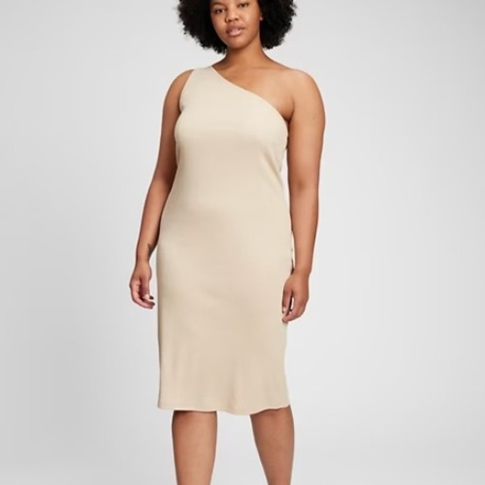 Gap Women's M Rib One-Shoulder Midi Dress Tan Neutral Ribbed Casual